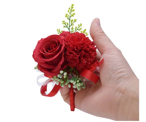 Rikyo 2 Pack Flower Wrist Corsage Boutonniere Set,3" Artificial Rose and Carnation Handmade Silk Flower for Wedding Flowers Accessories Prom Suit Decor (Red) - color: Red