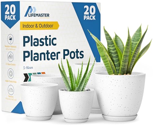 White Gray Plant Pots with Drainage Holes & Saucers 20 Pack, Indoor & Outdoor Stackable Space-Saving Planters for Houseplants & Flowers, (7", 6.7", 6", 5.3", and 4.8" Inches), Durable & Weatherproof - color: White Gray, size: Pack of 20