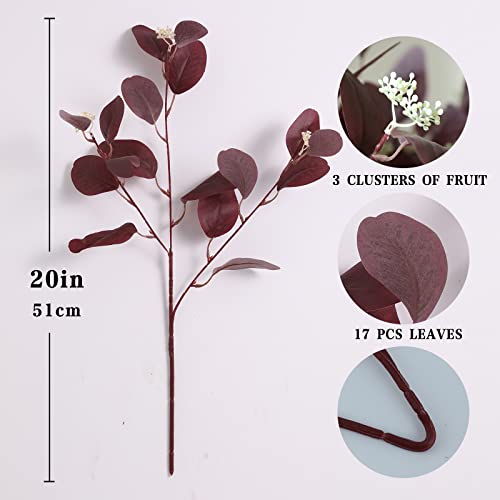 dallisten 20" Silk Artificial Eucalyptus Stems, 12Pcs Fake Eucalyptus Stem with Leaves Berries, Greenery Plants Floral Decorations for Wedding Party Flowers Arrangement Home Decor (Burgundy) - color: Burgundy