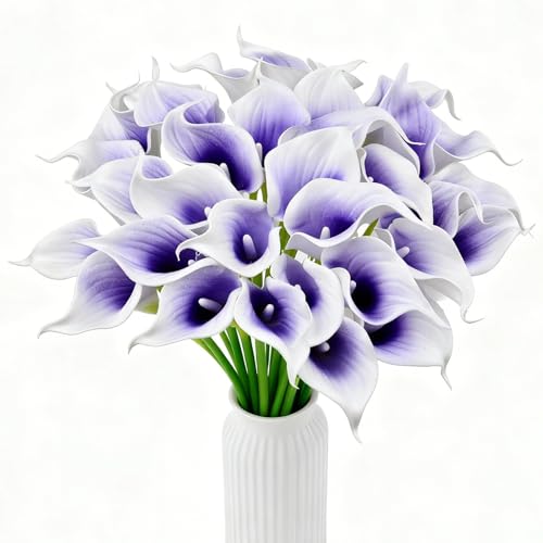 Calla Lily Bridal Wedding Festival Decor Bouquet Real Touch Latex Flower Bouquet Pack of 20 (Purple-White) - color: Purple-white