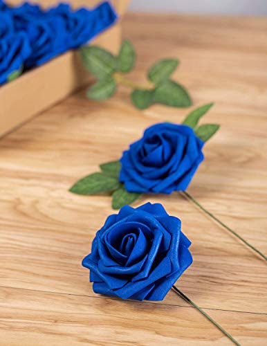 25pcs Artificial Flower Foam Rose Real Touch Roses Flower Heads with Stem for DIY Wedding Bouquets Centerpieces Arrangements Party Baby Shower Home Decor (Royal Blue) - color: Royal Blue