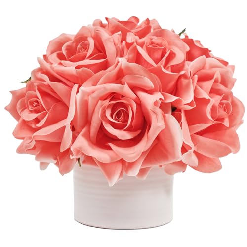 Artificial Rose Bouquet in Ceramic Vase, Silk Flower Arrangement in Pot, Real Touch Fake Flowers with White Vase for Wedding Home Centerpiece Coffee Table Bathroom Anniversary Decor & Gift (Coral) - color: Rose, Coral
