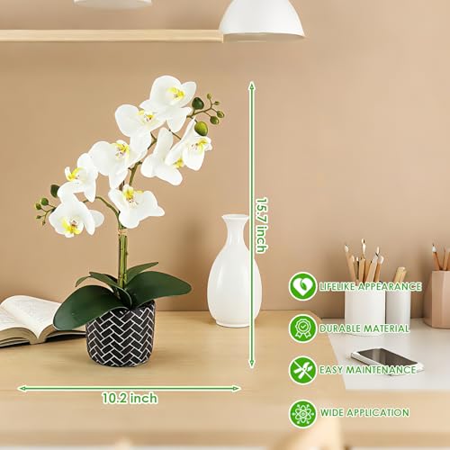 Orchid Artificial Flowers 16" White Fake Orchid Flowers in Gray Ceramic Pot Faux Orchid Plant for Home Decor Office Bathroom Table Centerpiece Indoor(White#2) - color: White
