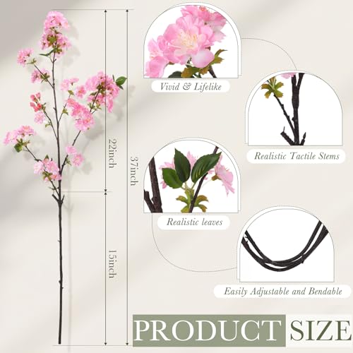 3 Pcs Rose Pink Cherry Blossom Branches 37 Inch Artificial Fake Realistic Cherry Blossom Stems Silk Faux Extra Long Stem Flowers for Tall Vase Home Decor Wedding Table Centerpieces - color: Rose Red