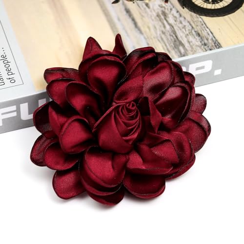 Dainty Satin Rose Flower Brooch Pins for Women Delicate Large Camellia Pins Shawl Clips Duckbill Clips Wedding Prom Banquet Party Jewelry Gift - color: Bordeaux
