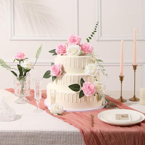 Tifuly Pink Roses Artificial Flowers - 12 pcs Realistic Single Long Stem Fake Silk Roses Bouquet for Party Home Wedding Centerpiece Office DIY Decor - color: Pure Pink