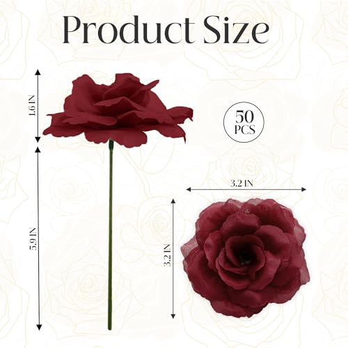 50 Pcs Rose Flower Head, Artificial Flowers Bulk for DIY Crafts, 3in Fake Rose Silk Flower Head wit Stem, Faux Flowers for Decoration, Wedding Home Party Decor Garland Decor (50, Wine Red) - color: Wine Red