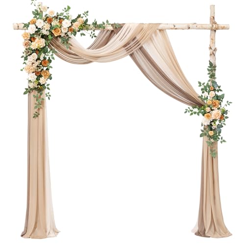 Ling's moment Artificial Wedding Arch Flowers with Drapes Kit-Pack of 5, 2pcs Flower Arrangements 3pcs Hanging Sheer Drapes Ceremony Arbor Backdrop Rose Floral Decorations, Apricot & Soft Peach - color: Or-apricot & Soft Peach