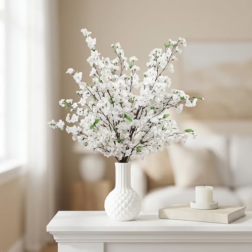Larksilk 40" White Cherry Blossom Branch – Tall Artificial Sakura Stem for Floor Vases, Wedding Arches & Spring Home Decor | Real-Touch Faux Japanese Cherry Blossom for Centerpieces - color: White