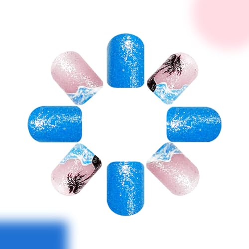 Summer Press on Nails Short Square Fake Nails Press Ons Sea Blue with Nude Coco Designs Glossy Full Cover Glue on Nails Artificial Stick on Nails for Women Girls Manicure 24 Pcs - color: Flower Square37
