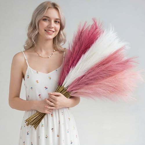 Suncalla 72 Pcs Pampas Grass Decor for Wedding Bridal Shower DIY 21.7 Inches Faux Tall Pampas Grass Bulk Artificial Dried Flowers Feathers for Vase Filler Pastel Home Decor Party Bathroom Wall - color: Ombre Pink