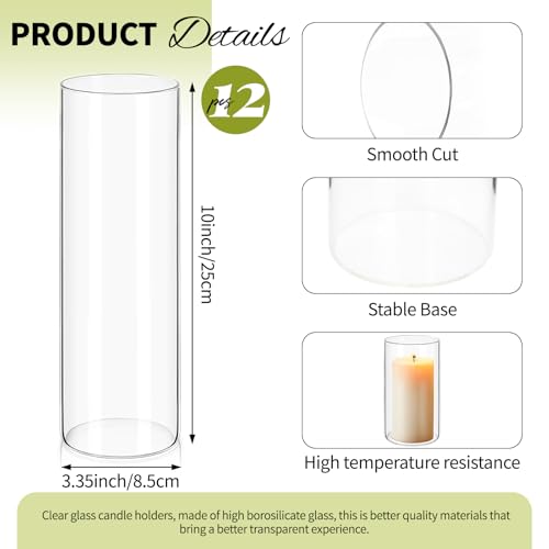 12Pack Glass Cylinder Vases for Centerpieces - 10 Inch Tall Flower Vase for Wedding Decorations, Floating Candle Holder Vase Bulk,Glass Hurricane Candle Holders for Table Shelf, Party, Home Decor - size: 3.35×10inch