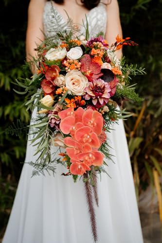 IPOPU Orange Orchid Artificial Flowers 34.3" Real Touch Fake Orchid Latex Orange Silk Flowers Phalaenopsis Branches for Home Party Wedding Bridal Shower Decoration, 2pcs Orange - color: Orange