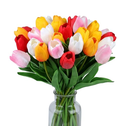 SITUMEIZI Fake Flowers Tulips Artificial Flower 15pcs Real Touch PU 14" for Spring Easter Home Kitchen Wedding Bouquet Bulk Mother's Gift Day Decorations(Assorted Colors,5) - color: White,yellow,sunset Red,red,light-pink