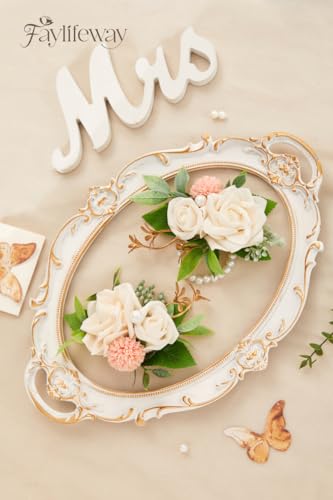 White Rose Boutonniere and Wrist Corsages for Wedding(Set of 2), Prom Corsage Wristlet for Wedding, Prom, Anniversary, Graduation, etc. - color: White, size: 1 Corsage & 1 Boutonniere