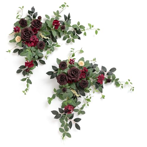 Ling's moment 2PCS Burgundy Artificial Floral Swags Wedding Arch Flowers Table Centerpieces Dark Red Rose Garland Wine Red for Sweetheart Head Table Easel Wall Entryway Board Backdrop - color: Red-bordeaux Red