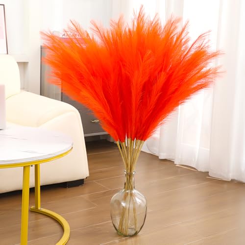 43" Orange Pampas Grass Tall - 8 PCS Faux Pampas Grass Decor Artificial Pompas Grass for Floor Vase Filler Wedding Boho Home Baby Shower Mothers Day Decoration - color: Orange