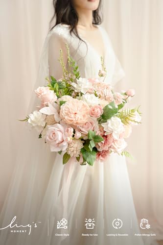 Ling's moment Blush Pink Wedding Bouquets for Bride, Blush and Cream Bridal Bouquets for Bride, 15 Inch Free Form Artificial Wedding Flower Bouquet - color: Pk-blush, size: Medium 15 Inch