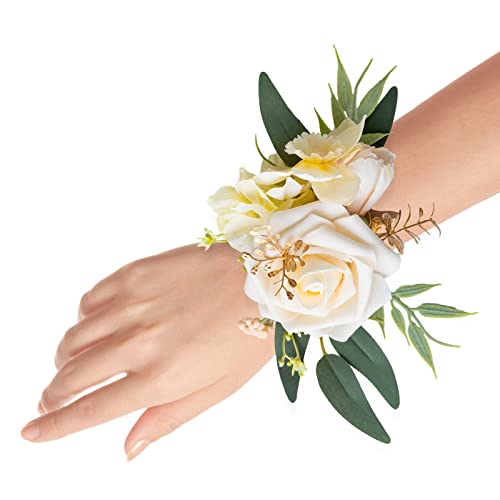 Set of 2 Wrist Corsage Wristlet for Wedding Bridesmaid Mother Grandmother for Bridal Shower Wedding Artificial Roses Flower Prom (Champagne) - color: Champagne