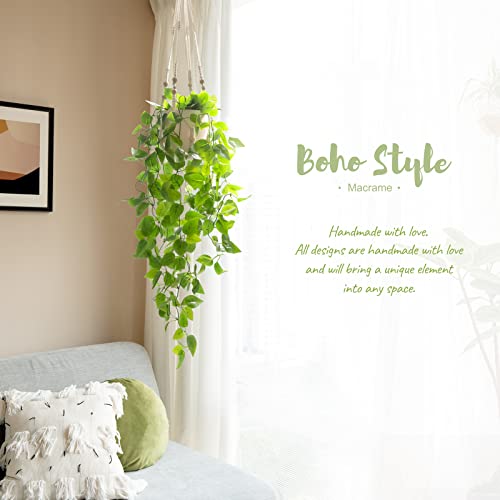Mkono Fake Hanging Plant with Pot, Artificial Plants for Home Decor Indoor Macrame Plant Hanger with Fake Vines Greenery for Bedroom Bathroom Kitchen Office Decor, Ivory (Pothos) - color: Ivory