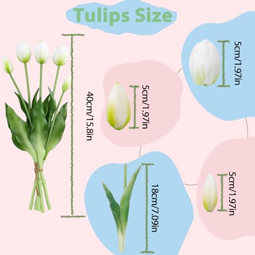 15 Pcs White Artificial Tulips Fake Flowers, Premium Latex Lifelike Texture, UV Resistant Waterproof Faux Tulip Bouquets with Snap-on Petals for Outdoor, Home, Wedding Decor - color: White