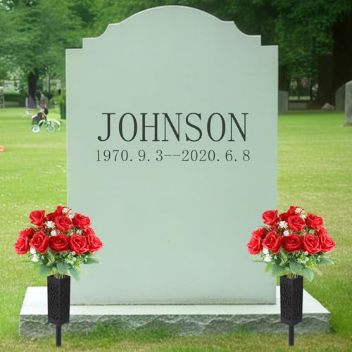 Cemetery Flowers for Grave 2pcs Grave Flowers for Cemetery-Red Silk Memorial Artificial Rose Flowers for Headstones Gravesite Graveyard Grave Vase Decorations - color: Red