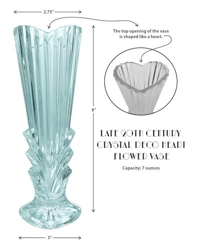 Crystal Deco Heart Flower Vase, Late 20th Century Style, 8 Inch Height, 7 Ounce Capacity, Clear Glass with Vertical Ridges