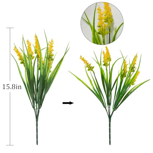 40 Bundles Artificial Plants Outdoor Fake Monkey Grass with Lavender Flowers Plastic UV Resistant Greenery Shrubs for Window Box Porch Garden Patio Outdoor Decor(Yellow) - color: Yellow