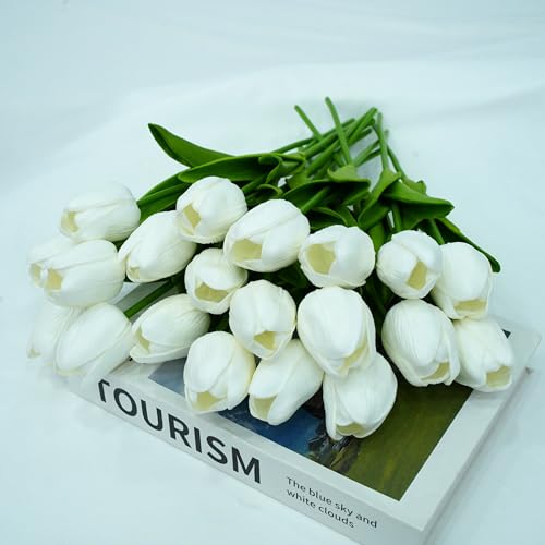 20pcs White Tulips Artificial Flowers 13 Inch PU Fake Flowers Fake Tulips for Mother's Day Easter in Home Wedding Office Party Table Decoration - color: A-white