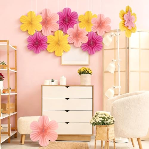 Easy Joy Paper Flowers Decorations for Wall Paper Fans Classroom Decoration Paper Floral Backdrop Decor Paper Fans Decoration Hanging Paper Fans Pink Flower Wall Decor, Set of 9 - color: Flower-1
