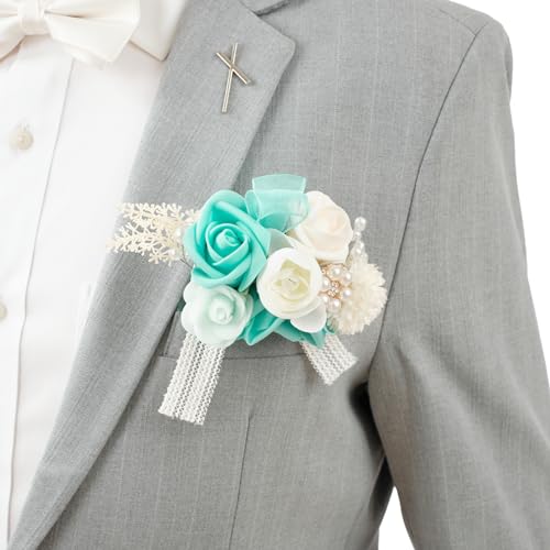 TINGE TIME Boutonniere for Men Wedding,Groom and Best Man Boutonniere for Wedding, Prom, Homecoming, Anniversary, Graduation, Christmas Dinner (1, Teal Blue & Champange) - color: Tb&cp
