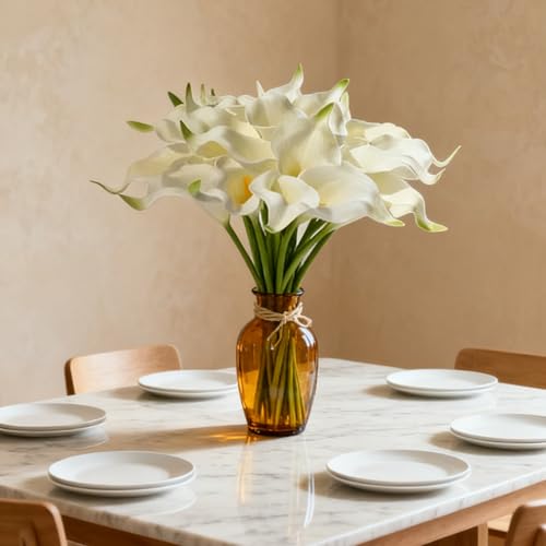 20 Stems Real Touch Calla Lily Artificial Flowers, 14.2in Tall with 2.4in PU Blooms, White Faux Calla Lilies with Bendable Plastic Stems for Wedding Bouquets, Centerpieces and Home Decor