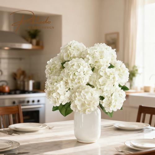 2 Bunchs 21in.White Real Touch Hydrangea Artificial Flowers,with 10pcs Flower Heads 20pcs Green Leaves. Faux Hydrangea Flowers. for Home Office Decor Wedding Party Arrangements (2, White) - color: White, size: 2 Bunch