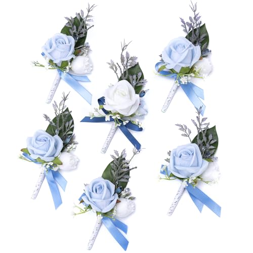 Fnize Blue Boutonniere for Men, 6 Pcs Groom Groomsmen Boutonnieres, Artificial Flowers for Wedding Prom Homecoming - color: Blue