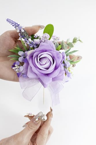 Purple Corsage and Boutonniere Set, Corsage Wristlet for Women and Boutonniere for Wedding Prom Homecoming, Artificial Rose Flowers Boutonniere and Wrist Corsage - color: Purple
