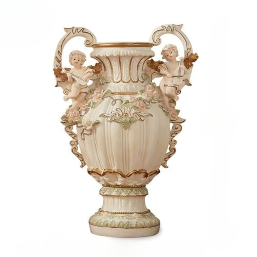 European Style Angel Cherub Floor Vase, Resin, Beige, 28.35" H x 19.70" L x 13.20" W, Baroque Baroque Art Deco for Living Room