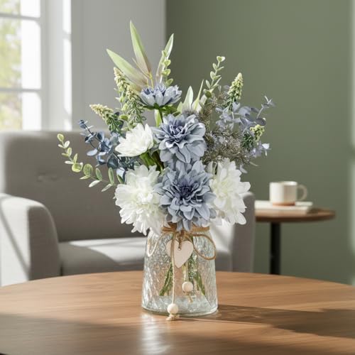 LADADA Blue and White Artificial Dahlias in A Glass Vase | Mixed Silk Fake Eucalyptus Floral Bouquet, Blue White Artificial Dahlia Arrangement Kit,Farmhouse Dining Table Table Decor - color: Blue+gray