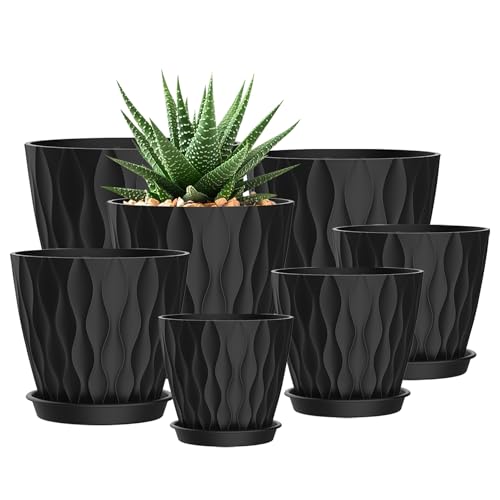 4/4.5/5/5.5/6/6.5/7 Inch Plant Pots,7 Pack Flower Pots with Drainage Holes and Trays,Plastic Planters for Indoor Outdoor Plants Growth,Black - color: Black, size: 7+6.5+6+5.5+5+4.5+4inch