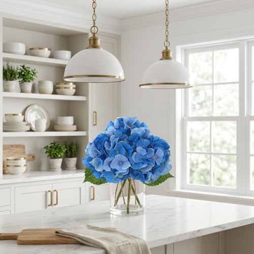 DILATATA Hydrangea Artificial Flowers with Glass Vase, Blue Real Touch Silk Hydrangea Arrangement with Faux Water, Small Faux Floral Centerpiece for Home Decor, Wedding, Bathroom, Shelf, Coffee Table - color: Blue-hydrangea