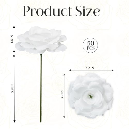 50 Pcs Rose Flower Head, Artificial Flowers Bulk for DIY Crafts, 3in Fake Rose Silk Flower Head wit Stem, Faux Flowers for Decoration, Wedding Home Party Decor Garland Decor (50, Pure White) - color: Pure White