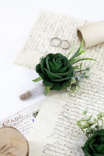 Ansofi Green Corsage and Boutonniere Set Artificial Rose Flower Wrist Corsage and Boutineers for Groom Groomsmen Bride Bridesmaids Prom Rustic Vintage Wedding Decor - color: Green
