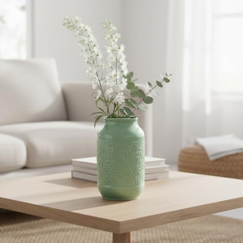 Ceramic Vase, 9 Inch Modern Green Flower Vases for Home Decor, Dining Table,Entryway, Living Room, Bathroom, Bookshelf, Bedroom, Kitchen, Mantle, Office, Foyar - color: Celadon Green