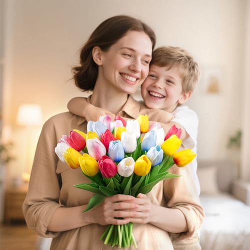 U'Artlines 30Pcs Fake Tulips Artificial Flowers with Stems Faux Tulips Bouquet Real Touch Flower for Wedding Home Kitchen Spring Easter Mother's Day Floral Arrangement Decor (Multi Colors) - color: Multi Color