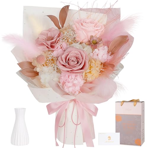 Preserved Bouquet of Flowers - Real Roses & Flowers for Delivery, Long-Lasting Dusty Pink Forever Camellia Flowers, Mothers Day Gifts for Mom Grandma Wife, Anniversary Birthday Gifts for Women - color: Dusty Pink