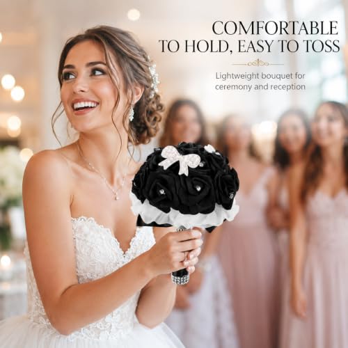 MAGICLULU Elegant Black Bridal Wedding Bouquet with Chic Artificial Foam Flowers, Artificial Holding Flowers for Brides and Bridesmaids, Ideal for Weddings, Parties, 9.44X6.29X6.29in
