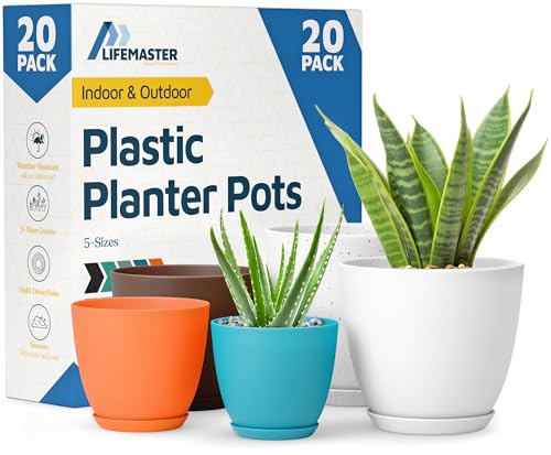Multicolor Plant Pots with Drainage Holes & Saucers 20 Pack, Indoor & Outdoor Stackable Space-Saving Planters for Houseplants & Flowers, (7", 6.7", 6", 5.3", and 4.8" Inches), Durable & Weatherproof - color: Multicolor, size: Pack of 20