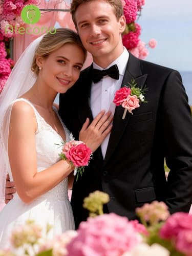 Alecono Hot Pink Corsage and Boutonniere Set, Corsages for Bride Bridesmaid Groom Bridegroom, Artificial Flowers for Prom Graduation Ceremony Anniversary - color: Hot Pink, size: Corsage and Boutonniere Set