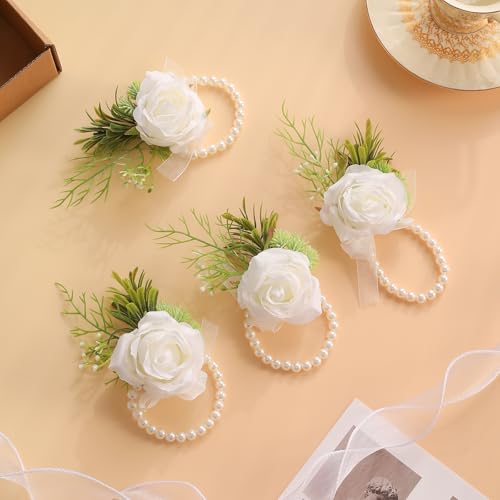 Garisey 4pcs Wedding White Rose Wrist Flowers Artificial Rose Flowers for Ceremony Prom Party Accessories (4 Wrist Corsage White) - color: 4 Wrist Corsage White