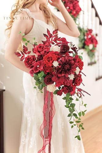 TINGE TIME 15 Inch Artificial Wedding Bouquets for Bride, Cascading Bouquet Wedding Bride Holding Flowers for Wedding Ceremony Anniversary, Bridal Shower and Party (Burgundy Red) - color: Burgundy Red