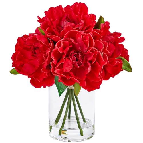 VeriNatural Artificial Red Peony Flowers with Vase – 10.6" Fake Silk Floral Arrangements in Glass Vase with Faux Water for Home Decor, Bathroom Shelf, Centerpiece, Wedding, Gift - color: Red